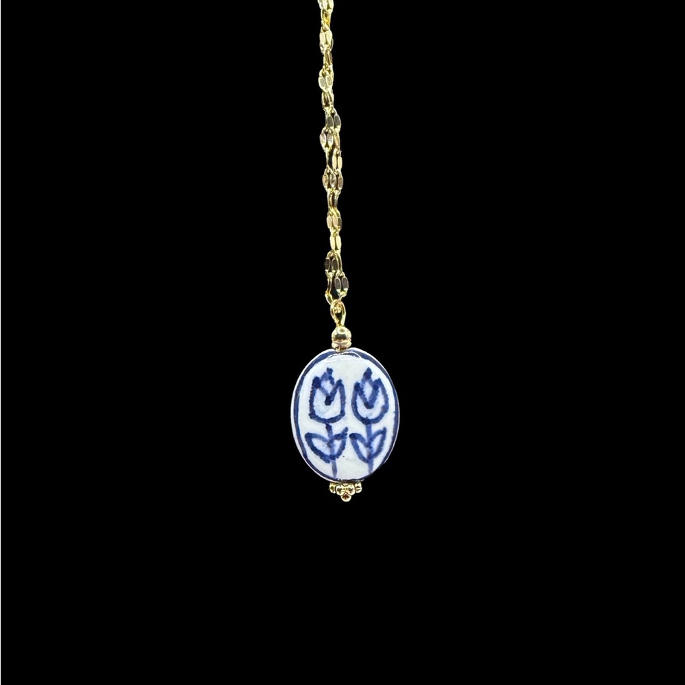 Blue and White Floral Ceramic Pendant on Stainless Steel Necklace - Picture 10 of 13